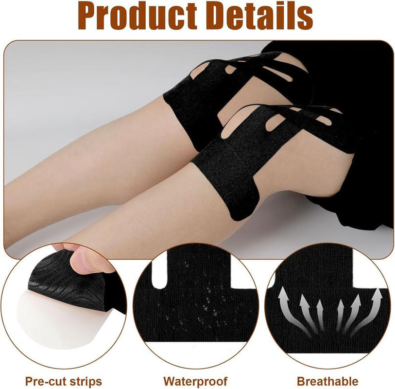 Precut Kinesiology Tape for Knees, 10 Pcs - Knee Support & Stability, Knee Pain Relief Athletic Tape - Waterproof & Elastic, Breathable Hypoallergenic Latex-Free Tape, Black
